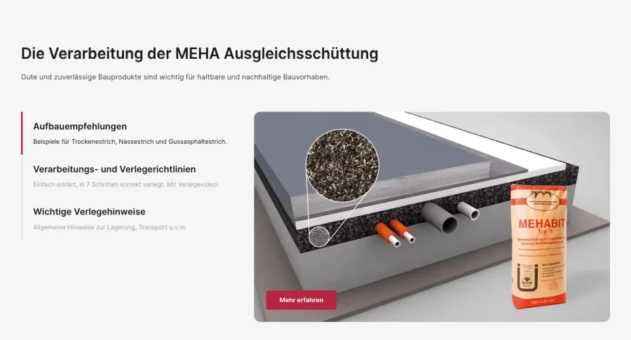Webseite MEHA Dämm- und Ausgleichsschüttungen