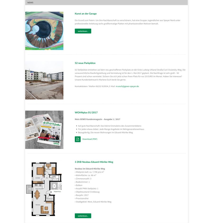 Webseite GEWO Wohnen / Leben