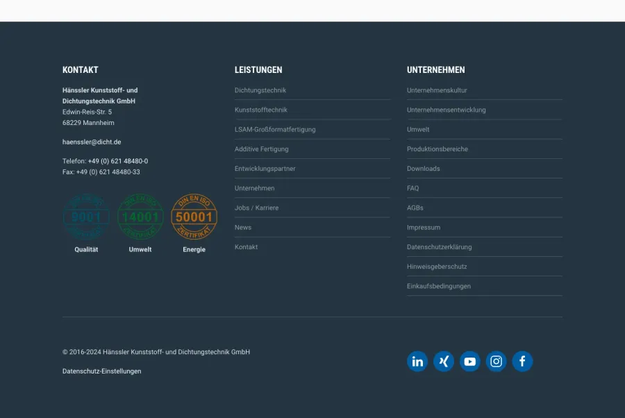 Webseite Hänssler Kunststoff & Dichtungstechnik