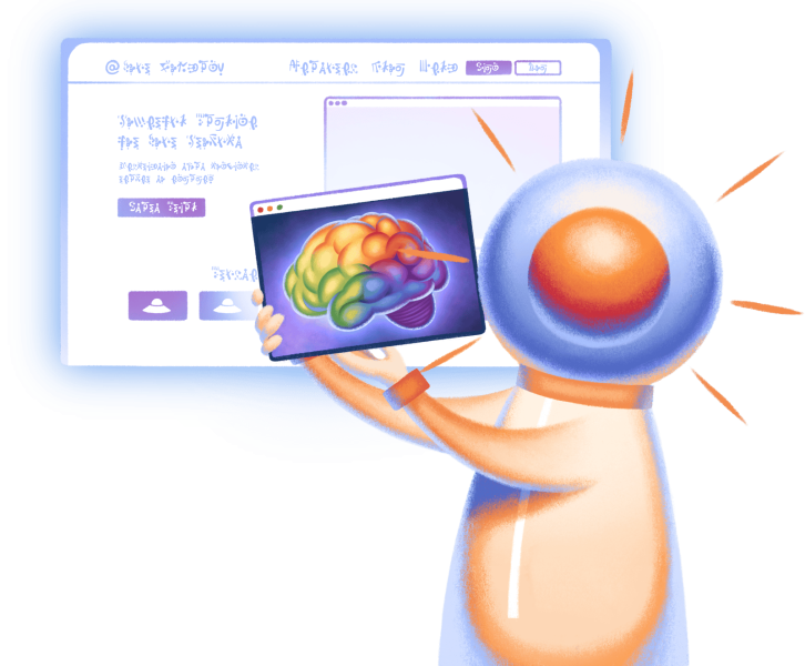Eine Illustration von Sunny als Astronaut, der eine Website präsentiert