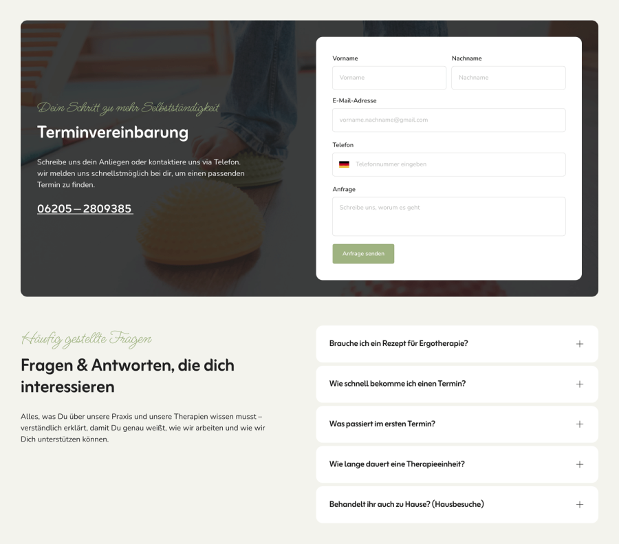Webseite Ergotherapiepraxis Hand in Hand