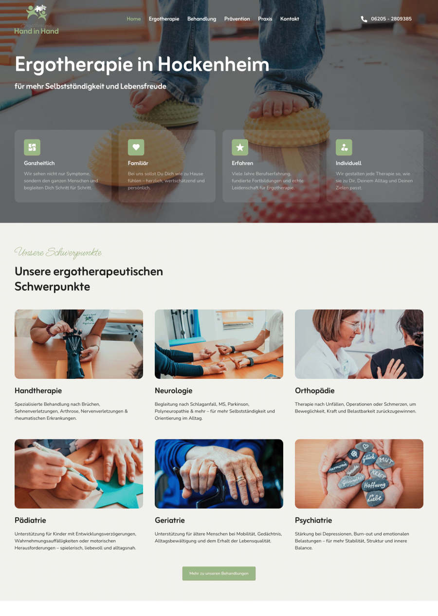 Webseite Ergotherapiepraxis Hand in Hand